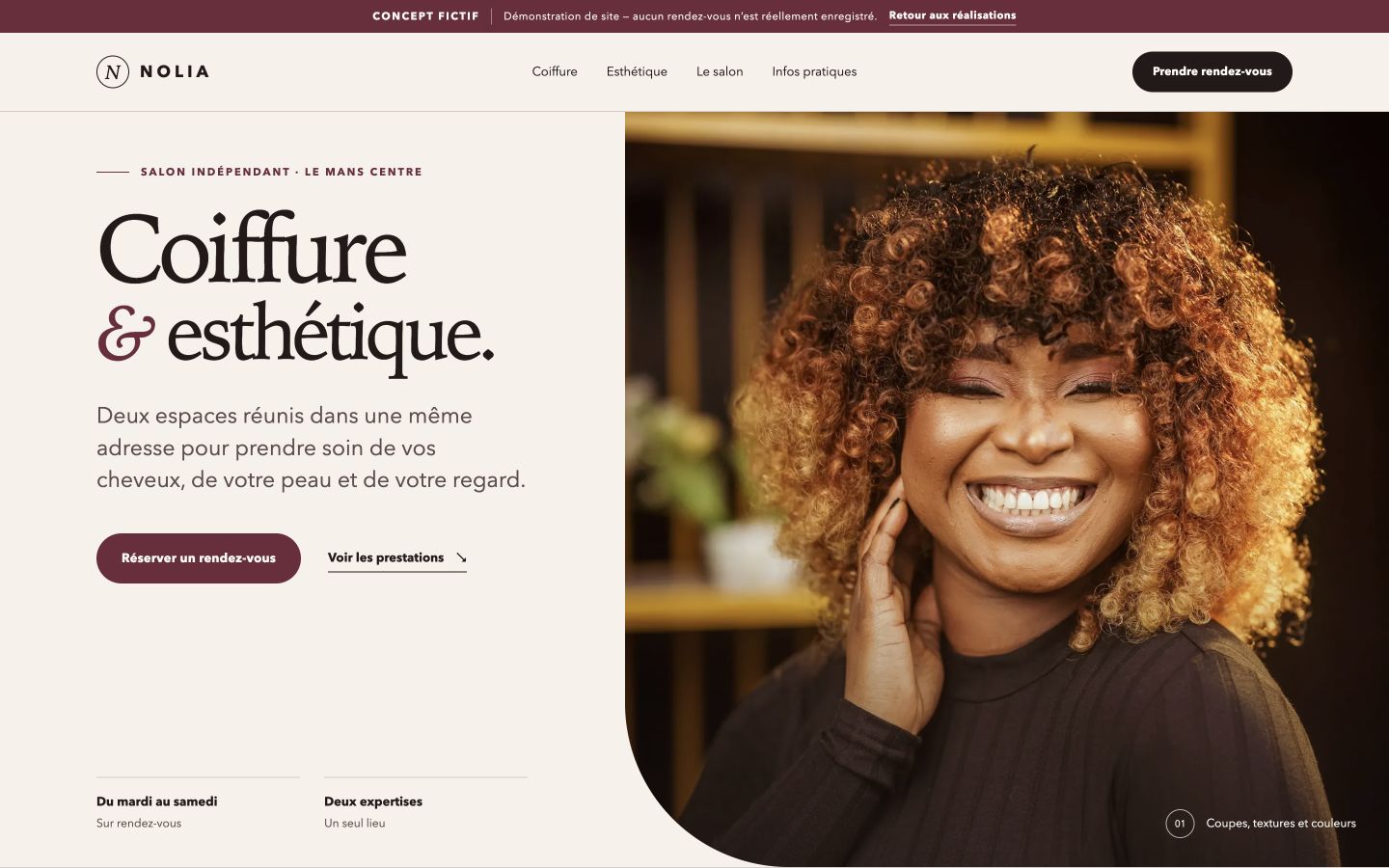 Aperçu du site fictif NOLIA, salon de coiffure et d’esthétique